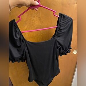 Pink Lily Black Puff Sleeve Bodysuit